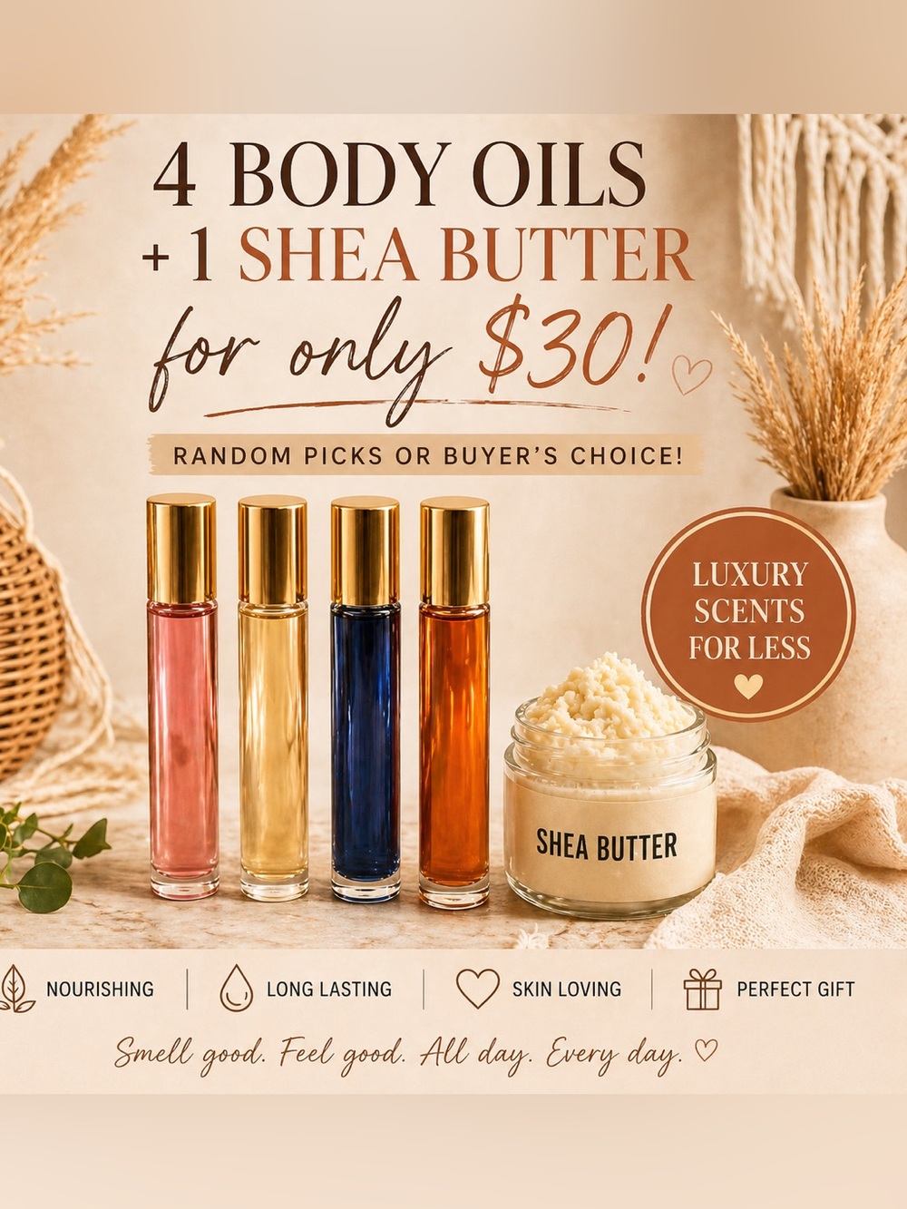 4 Luxury Scents Body Oil + 1 Free Shea Butter or 1 Free Body Oil Limited Time